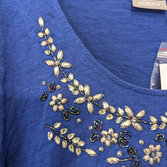 NWT Chico's blue Victoria beading top pullover shirt rhinestone office size 3/XL - Picture 3 of 9